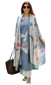 ANNI Designer Women Cotton Blend Straight Fit Printed Kurta Pant Dupatta Set | V Neck Three Quarter Sleeve Ensemble | Soft Breathable Fabric | Comfortable Elegant Styling for Office Casual Wear