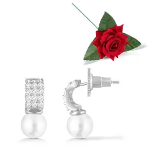 Peora Silver Plated Pearl & CZ Studded Fancy Drop Earrings Valentines Gift for Women & Girls with Red Rose