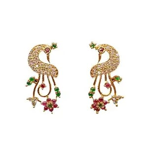 Royal Covering 1 Gram Gold - Plated American Diamond (AD) Peacock Designed Drop Earring for Women and Girls (Multicolor)