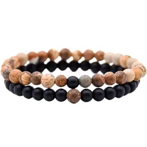 RRJEWELZ jasper & matte onyx 6mm Round Smooth beads Long Distance Couples Love Friendship Combo Bracelet Set - Couples Relationship 7 inch Stretchable Bracelets set|RR_CPBR_161_7