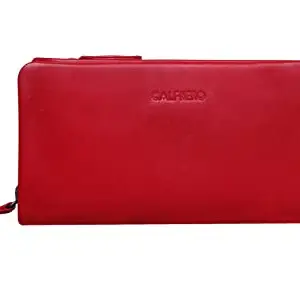 Calfnero Women's Genuine Leather Wallet-Long Purse Wallet with Multiple Card Slots, Zip Pocket and Note Compartments (Red)