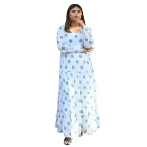 DEEBACO Women's Plus Size Polka Dots Georgette Tiered Maxi Dress Fit & Flared Round Neck Full Sleeve Summer Wear One Piece Girls Dress Western Party Casual Wear Outfits for Ladies (DBDR00001011_5XL)