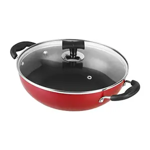 Vinod Popular Aluminium Non Stick Kadhai with Glass Lid -2 Litre, 22 cm | 2.6mm Thick | Kadai for Cooking | Bakelite Handle | Induction and Gas Base | 2 Year Warranty - Red price in India.