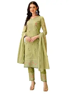 NIVANA Womens Pakistani Embroidered Cotton Kurta with Pant & Embroidered Dupatta – Straight Fit, 3/4 Sleeves, Round Neck Ethnic Outfit