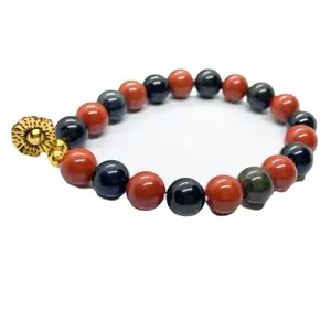RRJEWELZ Natural Red Jasper & Black Tourmaline 8mm Round Shape Smooth Cut Beads 7.5 Inch Stretchable Bracelet For Men & Women. Unisex Bracelet For Healing, Meditation, Prosperity & Luck|STBR_RR_06602_7.5