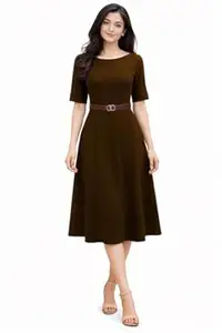 anvida Women’s Elegant Midi Dress with Belt | Half Sleeve Fit & Flare Casual Dress | Knee Length Office Party Western Dress for Women