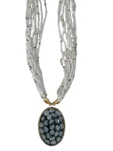 Multi-Strand White Beaded Necklace with Grey Oval Pendant, Gold-Tone Accents For Women/Girls