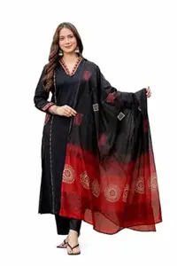 MEERA FAB Women Floral Printed Pure Cotton Straight V-Neck Kurta with Palazzos & Dupatta
