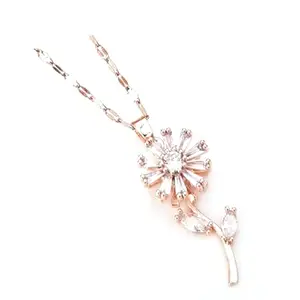 Korean Lightweight Modern Stylish Jewellery: Rose Gold, Long Chain Rotating Flower Pendant, Latest Western Necklace, Cute Neck Chain for Girls and Women.