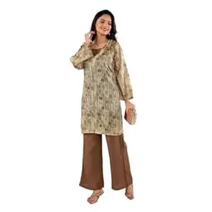 VARAMYA Women's Ombre Co-ord Set - Straight Kurta Palazzo Pants Kurtas, Printed Silk Blend Shirt & Wide Leg Pant
