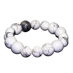 RRJEWELZ Natural Howlite Round Shape Smooth Cut 16mm Beads 7.5 inch Stretchable Bracelet for Healing, Meditation, Prosperity, Good Luck | STBR_04197
