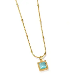 18K Gold Plated Beaded Chain with Square Shaped Aquamarine Blue Stone Pendant Necklace for Unisex Adults | Minimal | Casual wear | Anti Tarnish, Hypoallergenic.
