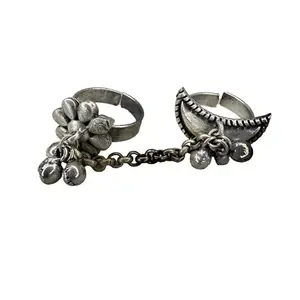 Vintage Style Adjustable Floral and Crescent Moon Finger Rings, Silver Tone