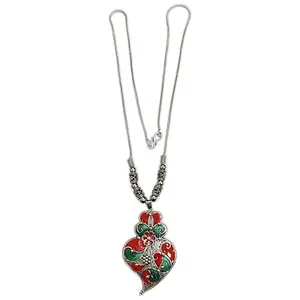 Vintage Style Heart Pendant Necklace, Red and Green Enamel with Silver oxidised Chain, Traditional Design (Red & Green)