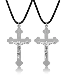 Uniqon (Pack Of 2 Pcs) Silver Color Stainless Steel Lord Holy Jesus Christ Cross Christian Catholic Cutting Antique Isa Masih Locket Pendant Necklace With Cotton Dori Christmas Religious