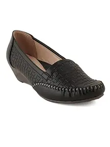 Everly Black Synthetic Leather Textured Wedge Loafers Pumps for Women (3)(MNS6073MNT36)