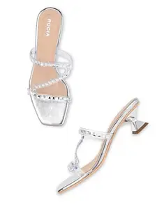 ROCIA By Regal Silver Women Diamond Embellished Kitten Heel Sandals