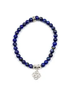 Stone Story by Shruti Handmade Lapis Lazuli Birthstone Bracelet with Flower Charm - Sterling Silver, Rhodium Plated (7.5 Inches)