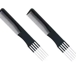 ZAUKY Five Metal Prong Comb Pin Tail comb (Carbon Fiber Anti Static Heat Resistant) pack of 2 pc hair comb multicolor