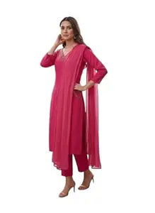 Women’s Pink Straight Kurta Set with Dupatta | V-Neck Embroidered Kurti with Pant | 3/4 Sleeve Ethnic Wear Suit Set for Festive, Office & Party Looks