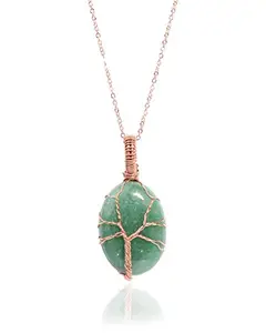 Gempro Natural Certified Gemstone Green Aventurine Oval Tree of Life Wire Wrap Rose Gold Plated Chain Pendant Necklace for Women, Green