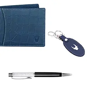 WildHorn Leather Wallet Keychain & Pen Combo for Men I Gift Hamper. (GFT 150) (GIFT1254 Blue Croco)