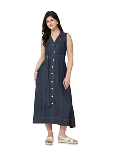 J TURRITOPSIS Solid A-Line Evening One Piece Midi Denim Dress for Women Stylish || Elegant Casual Party Outfit