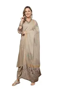 Stylum Women's Beige Solid Rayon Straight Kurta Palazzo Dupatta Set