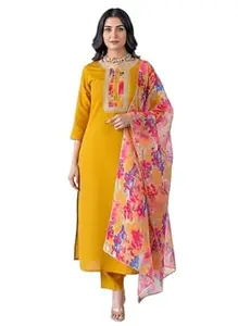 Amazon Brand - Tavasya Women's Rayon Embroidered Straight Kurta Set with Rayon Pant and Organza Printed Dupatta | Kurti Set for Women