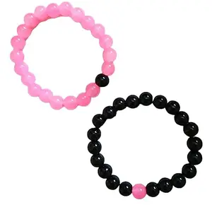 Bracelets Multi Layer Stone Beads Couple-Combo Matching Best Friend Relationship Couple Bracelet 2 Pcs (pink.black)