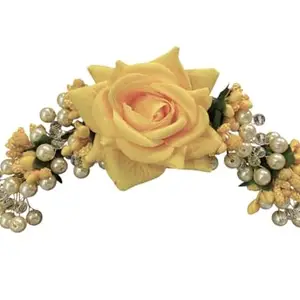 Prezentoz Artificial Rose Hair Broach for Women & Girls | Traditional Rose Veni for Bun & Juda Styling for Weddings, Engagements, Bridal Shower, Baby Shower, Anniversary | Beautiful Floral Hair Accessory for Juda & Bun Styling. (Yellow)