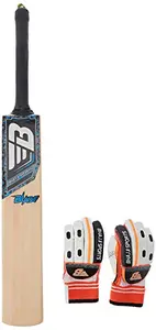 BHAJJI Kashmiri Willow Cricket BAT Blade Size-6 with BHAJJI Batting Gloves 202 Youth