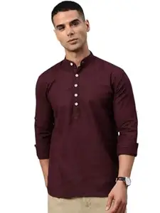 Majestic Man Men's Pure Cotton Solid Mandarin Collar Slim Fit Roll-Up Sleeves Short Kurta