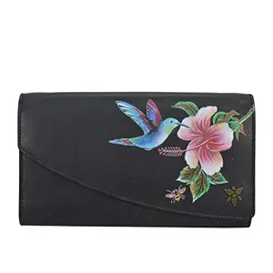 Anuschka Women's Hand-Painted Genuine Vegetable Tanned Leather Accordian Flap Wallet - Hummingbird Black