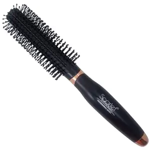 Scarlet Line Professional Wood Anti Static Matte Round Hair Styling Brush with Joint Less Wooden Handle for Men n Women_Black