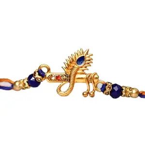 eCraftIndia Designer Mor Pankh with Flute Rakhi and Roli Chawal Pack, Best Wishes Greeting Card, Gold::Blue, One Size (D858P6C6)