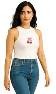 BAESHIP STUDIO Women Cherry Print Tank Top | Cute Sleeveless Summer Crop Top | Casual Slim Fit Round Neck Vest for Girls & Women