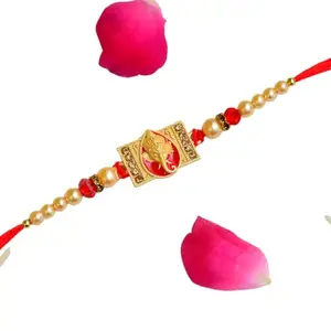 CraftEarth - Crafting Your Curiosity Divine Ganesha Rakhi | Golden Ganesha Center with Pearl Beads & Red Accents – RK-240