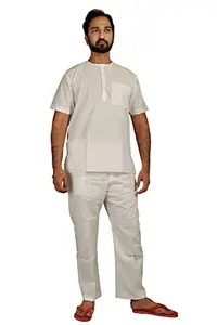 M's Solutions & Enterprises Men's Cotton Solid Plain Round Neck Buttoned Kurta Pyjama Set for Sleepwear/Nightwear Regular Fit (Half Sleeves_White_44/XX-Large)