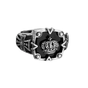 Trending Stainless Steel Silver Color Openable/Adjustable Size Funky King Crown Cross Black Enamel Thumb Finger Ring For Boy's And Men's