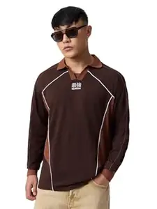 The Souled Store Oversized Rugby Polo: Castanea Men and Boys Long Sleeve Spread Collar Dark Brown Colourblocked Embroidered 100% Cotton Oversized Breathable Rugby Style Polos