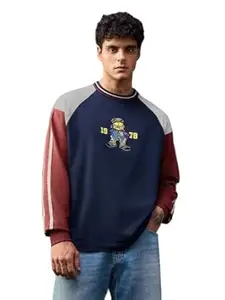 The Souled Store Garfield: Cool Kitty Men and Boys Long Sleeves Round Neck Navy Blue Embroidered Casual Lightweight Drop Shoulder Streetwear Trendy Oversized Full Sleeve T-Shirts