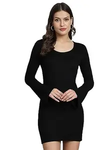 ND & R Women's Black Stretchable Slim Fit Bodycon Dress Mini Length with Stylish Long Bell Sleeve. Size-XL