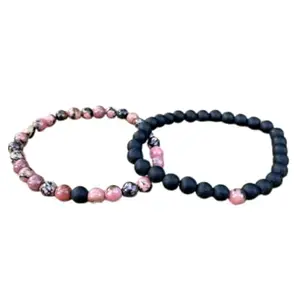 RRJEWELZ Rhodonite & Black Agate 6mm Round Smooth beads Long Distance Couples Love Friendship Combo Bracelet Set - Couples Relationship 7.5 inch Stretchable Bracelets set|RR_CPBR_261_7.5