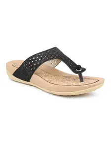 INC.5 Women Black Textured T-Strap Flats with Laser Cuts