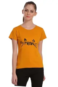 ANURUPAM FASHION Women's T-Shirt Meow Printed Soft Cotton Half Sleeve T-Shirt for Women and Girls (Yellow-M)