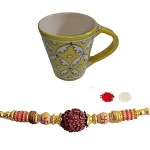 Potterywalaz Rakhi For Bhaiya-Bhbhi Traditional Original Rudrakash Bead Rakhi Set with Gift For Blue Pottery Art Coffee Mug Geometric Design (YELLOW)