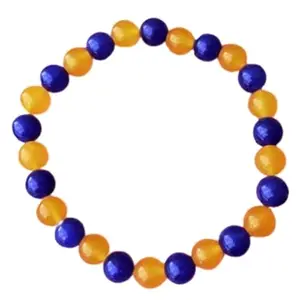 RRJEWELZ Unisex Bracelet 8mm Natural Gemstone Indigo Blue & Yellow Jade Round shape Smooth cut beads 7 inch stretchable bracelet for men & women. | STBR_04368