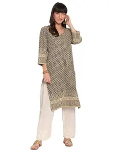 Women's Casual 3/4th Sleeve Chikan Embroidery Cotton Kurti (Beige, L)-PID48505