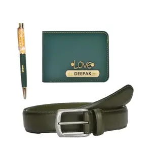 Vorak Ahimsa Ahimsa Leather Personalized Men's (3pcs) Combo Vegan Leather Wallet, Belt and Stylish Gold Flake Pen | Customized Combo with Name and Charm (Green)